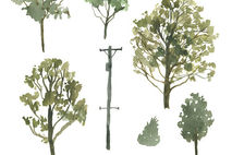 Watercolor Painted Landscape Clip Art Tree Branch Bush Lightpole