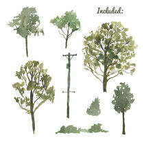 Watercolor Painted Landscape Clip Art Tree Branch Bush Lightpole