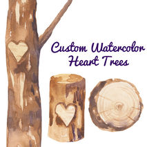 Custom Watercolor Heart Trees Carving Clipart Wedding invites ro