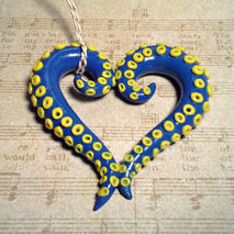 Customizable Polymer Clay Blue And Yellow Tentacle Heart Necklac