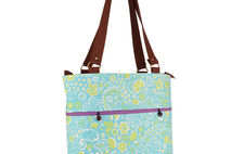 Large Canvas Zippered Tote - Teal Green Floral - Purple Lining