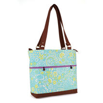 Large Canvas Zippered Tote - Teal Green Floral - Purple Lining