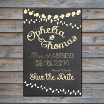 Chalkboard with Peach & Yellow String Lights Save the Date
