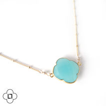 Gold Quatrefoil Gemstone Necklace in Turquoise Blue