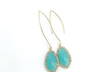 Turquoise Blue Pave Long Gold Dangle Earrings