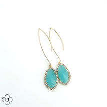 Turquoise Blue Pave Long Gold Dangle Earrings