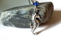Silver seahorse necklace with blue crystals, seahorse pendant