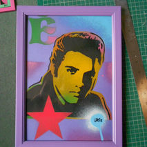 framed painting of elvis presley on card,stencils & spraypaints,