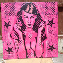 painting of hooded woman,stencils & spraypaints on large canvas,