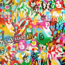 stencil painting on large 30 by 30 inch canvas,kiss the rainbow,