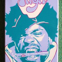 method man painting in purple on canvas,stencils, spray paints,h
