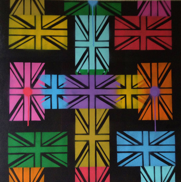 painting of cross made with union jack flag in bright colors,ste