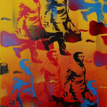 painting of man with guitar case in warhol style,rush hour,music