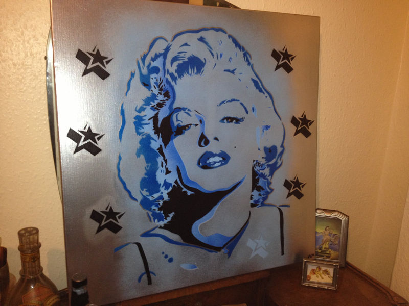 marilyn monroe painting,silver star,pop art,stencil art,graffiti