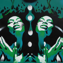 painting in green of afro women,garden of eden,stencils & sprayp