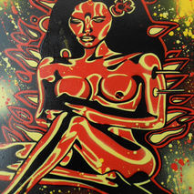 painting of nude tiki girl,fire,stencil,urban,grafitti art on ca