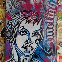 painting of dj with head phones v limelight,pinks and blue,stenc