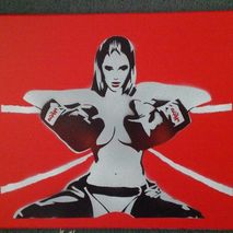painting of woman boxer in ring,stencils and spraypaints on canv