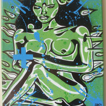 green tiki girl,stencil on canvas painting,urban,original illust