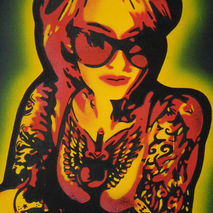 painting of tattooed woman,stencil art,urban art,graffiti art on