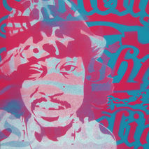 painting of andre 3000 stencils on wood,pink,blue,turquoise,hip