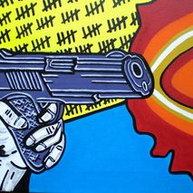 pop art painting,gun,acrylic on canvas,warhol,flames,hand painte
