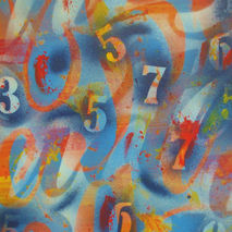abstract painting of letters & numbers with womans face,stencils