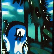 l.a. painting in greens on canvas,stencils & spray paints,palm t