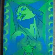 green lady painting,stencils,spray paints,canvas,spot light,woma