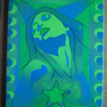 green lady painting,stencils,spray paints,canvas,spot light,woma