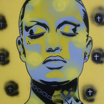 painting on card of woman with eyes closed,skin deep series,sten