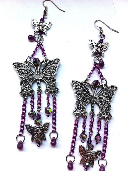 Boucles D'oreilles Pendantes Papillon Crystal - Violet Métallisé - Fermoir à Pince