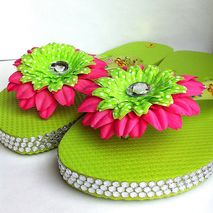 Cute neon green childrens blinged flip flops size L