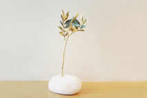 Gold and copper scinus twig on white stone