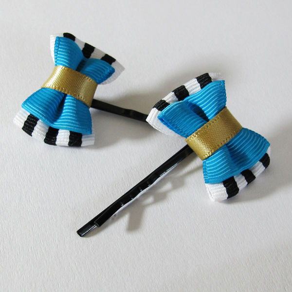 Golden Blue Ribbon Hair Clips Pair JeweledDream PinkLion