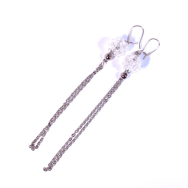 Bead Ball Long Chain Earrings Festoon Crystal Clear Silver
