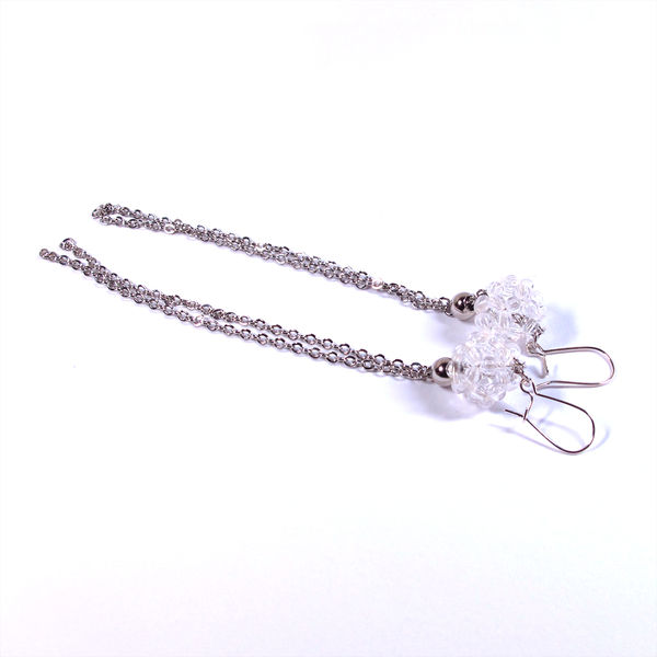 Bead Ball Long Chain Earrings Festoon Crystal Clear Silver