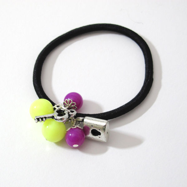 Ponytail Holder Hair Elastic Tie Key Lock Yellow Purple JeweledDream