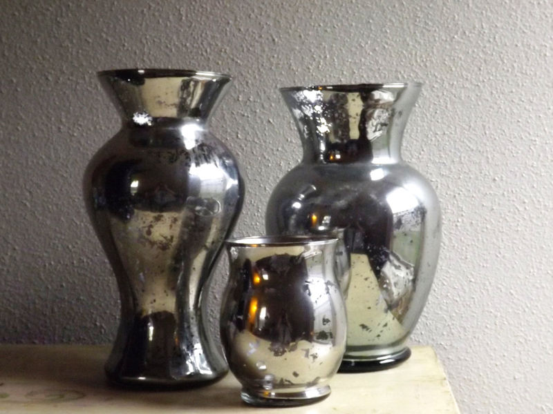Group of Three Large Mercury Glass Vases Tall Mirrored Vases Liz's Shop PinkLion