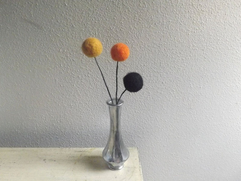 3 Medium Felt Ball Flowers in Fall Colors Black Orange Yellow Liz's