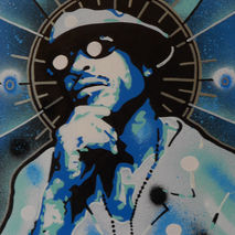 painting of hip hop artist guru,icon guru blue,stencil,spraypain