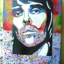 painting of ian brown of stone roses ,splash stubble,stencil art