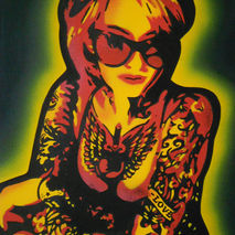 painting of tattooed woman,stencil art,urban art,graffiti art on