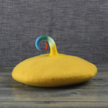 Handmade wool felt beret painter cap yellow rainbow elf hat