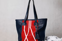 Blue / red leather tote bag. Nautical leather tote.