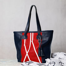 Blue / red leather tote bag. Nautical leather tote.