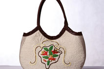 Linen leather shoulder bag. Hand embroidery quilted purse.