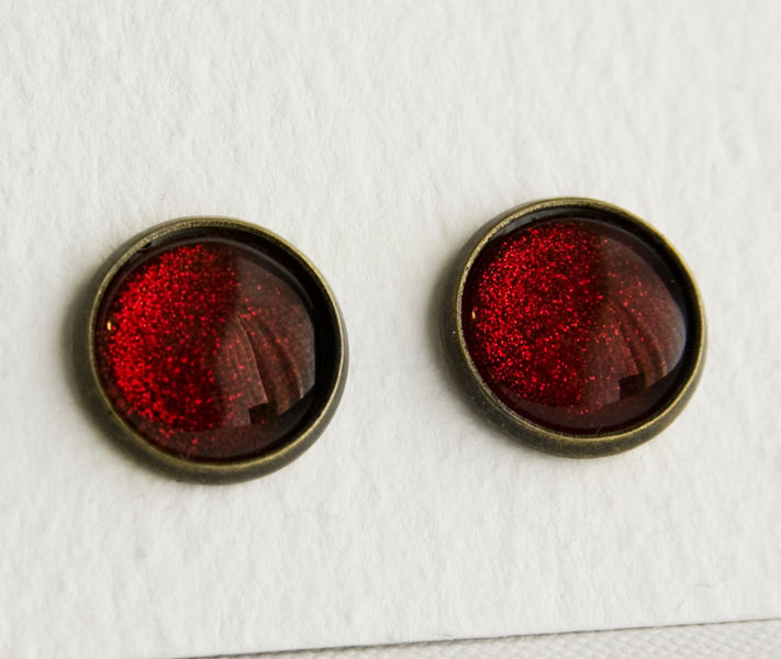 Ruby Slippers Red Glitter Post Earrings in Antique Bronze Enchanted