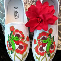 Rhinestone Hand Painted Hummingbird Flower Slip On Shoes