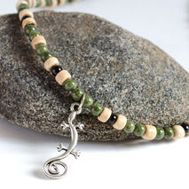 Gecko Necklace with Pretty Green and Wood Beads